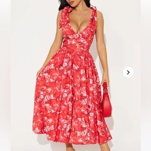 Fashion Nova Vibrant Red Floral Midi Dress